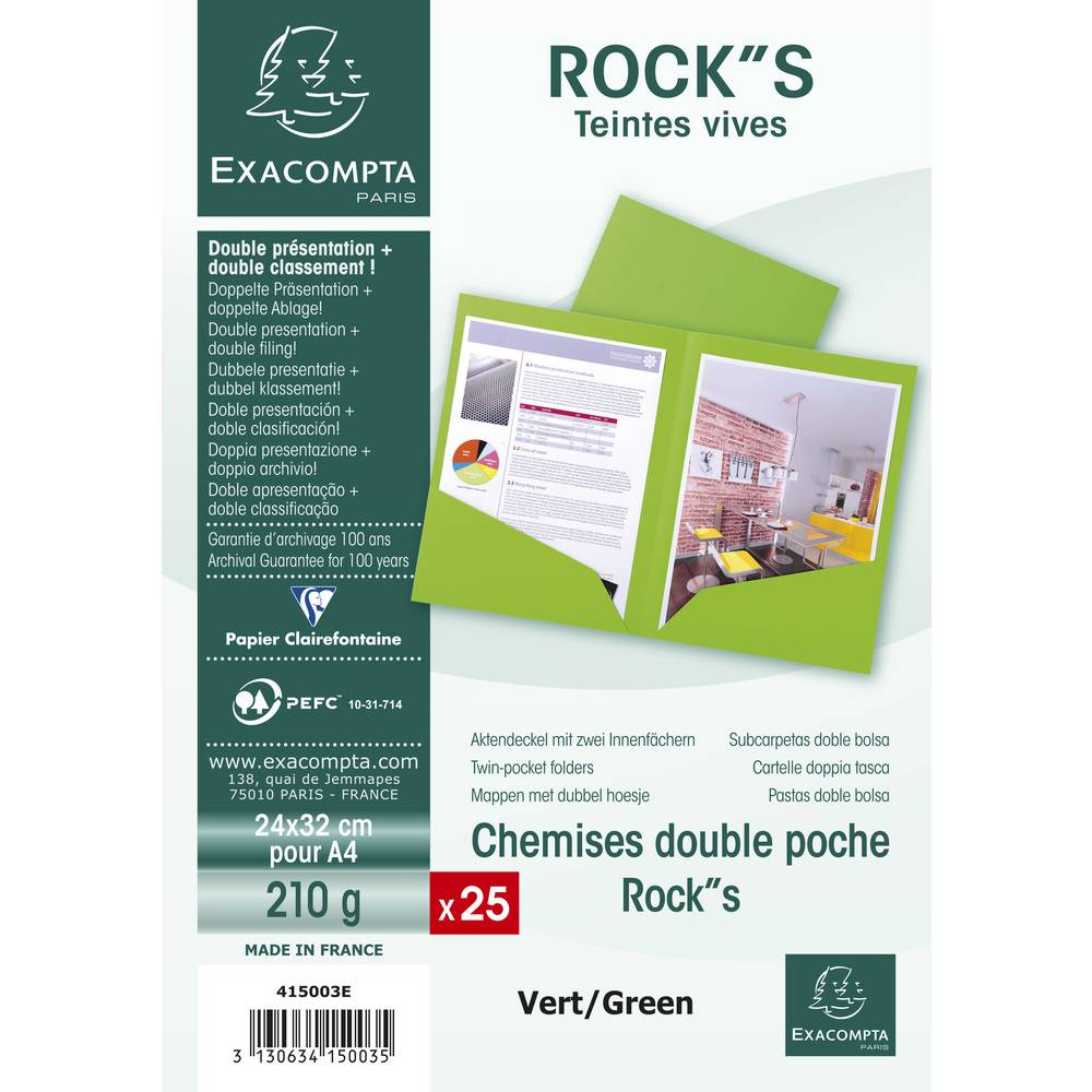 Exacompta 10x Pack 25 Aktenmappe, 2 Innenfächer, A4 oder A3, Grün, 415003E