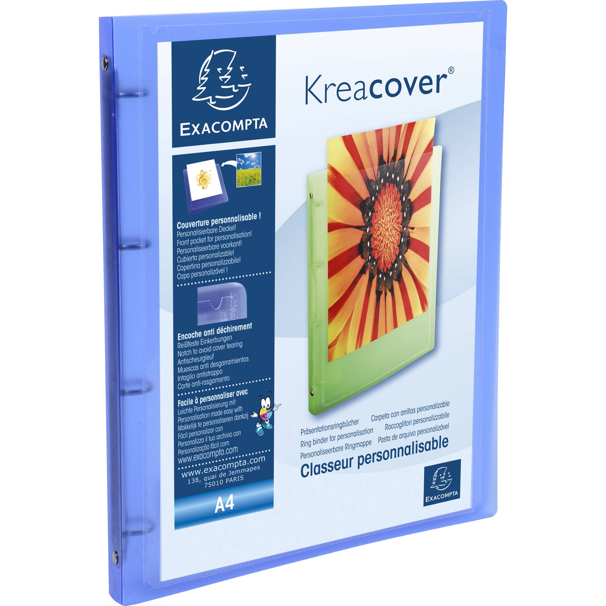 Exacompta 51962E 12x Exacompta, flexibler Ringhefter aus PP Chromaline 500, 4 Ringe 15mm, Rückenbreite 20mm, für DIN A4, Kreacover - Blau