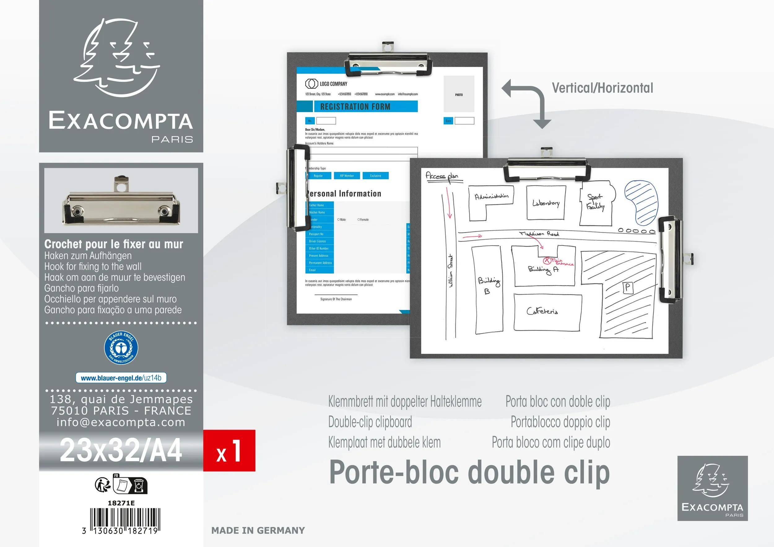 Exacompta 10x Klemmbrett Doppelclip beschichtet Format 23x32cm A4 Schwarz 18271E