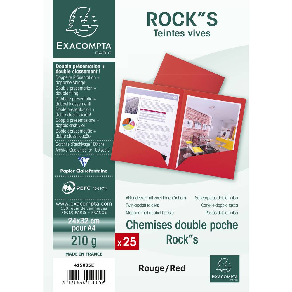 Exacompta 10x Pack 25 Aktenmappe, 2 Innenfächer, A4 oder A3, Rot, 415005E