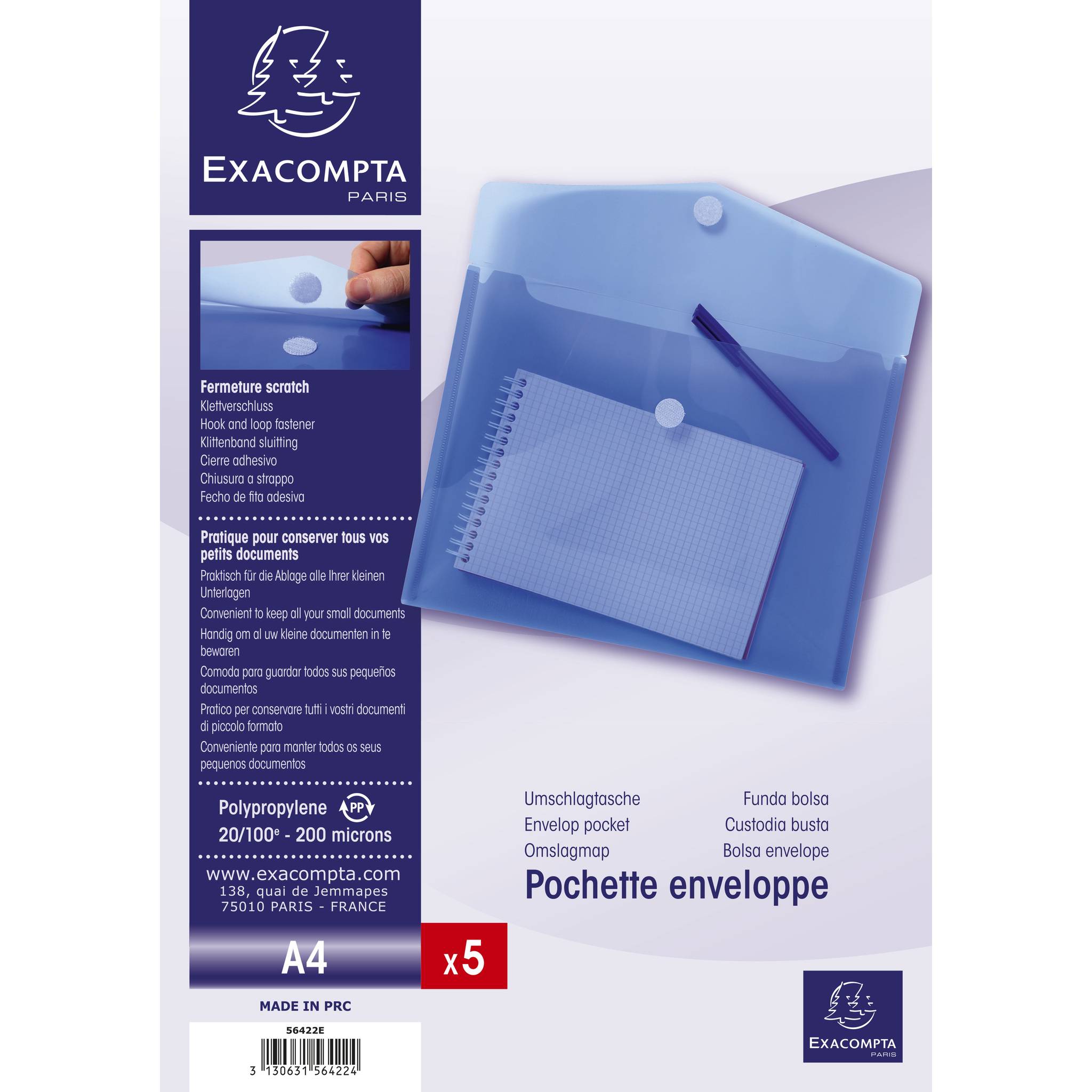 Exacompta 10x Packung 5 Prospekttaschen aus PP, A4 - Blau - 56422E