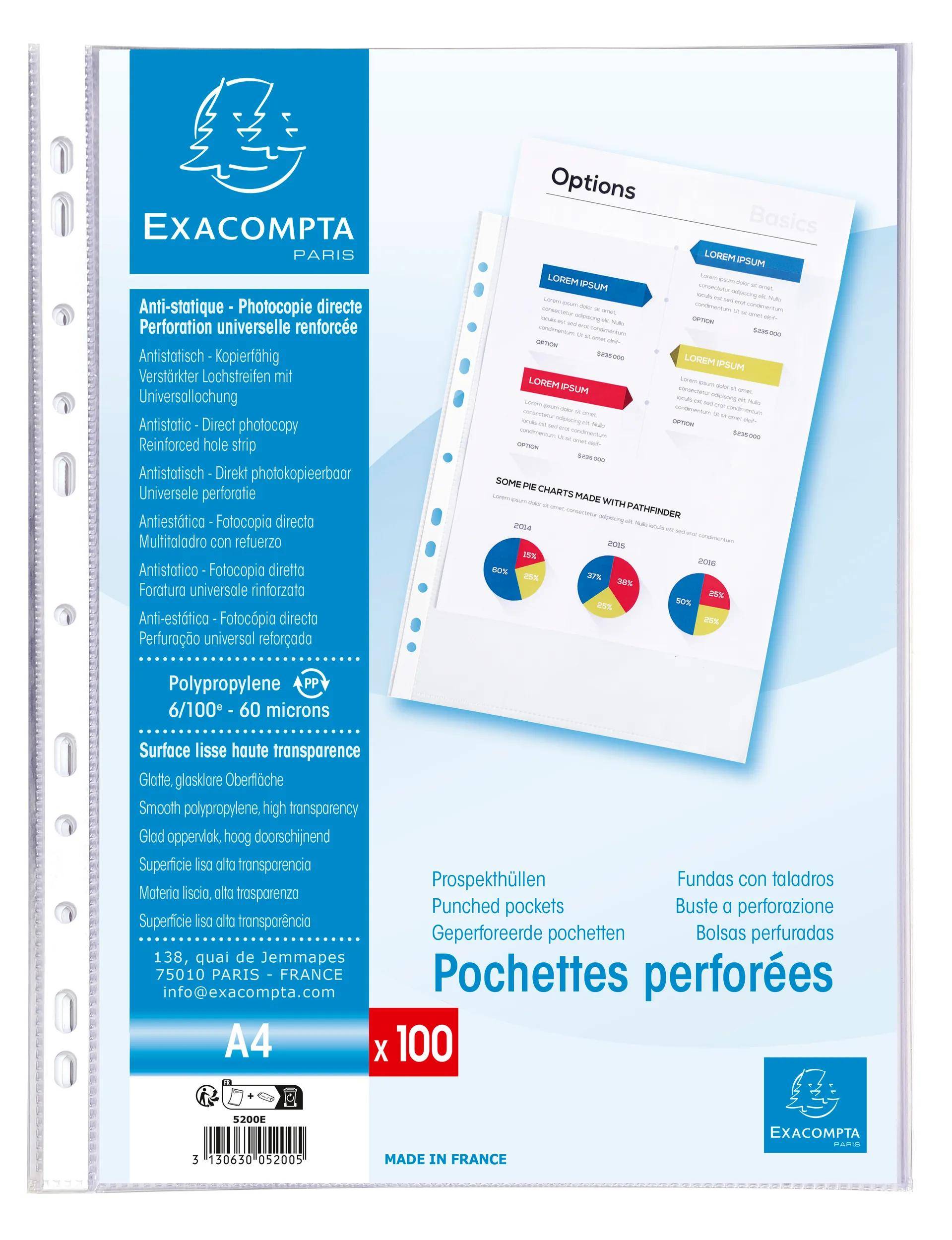 Exacompta 10x Pack 100 Prospekthüllen A4, glattem PP 60µ, Kristall, 5200E
