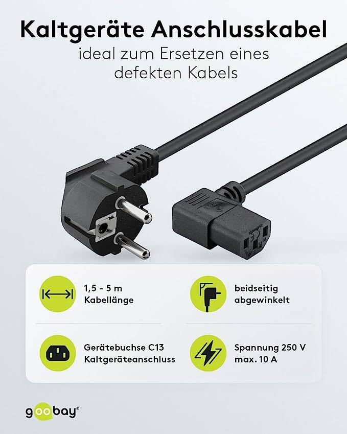 Goobay 50080 Kaltgerätekabel mit abgewinkelter C13 Buchse & Schutzkontaktstecker Stromkabel Netzkabel Schwarz 2m