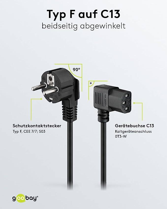 Goobay 50080 Kaltgerätekabel mit abgewinkelter C13 Buchse & Schutzkontaktstecker Stromkabel Netzkabel Schwarz 2m