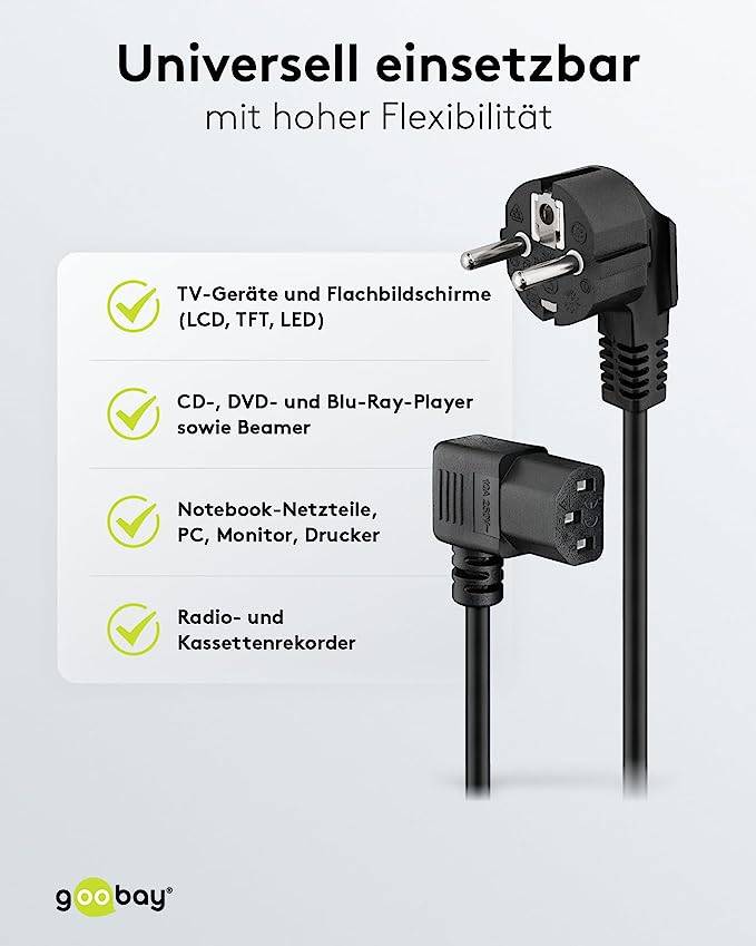 Goobay 50080 Kaltgerätekabel mit abgewinkelter C13 Buchse & Schutzkontaktstecker Stromkabel Netzkabel Schwarz 2m