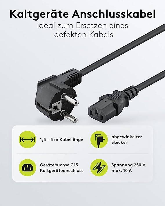 Goobay 59566 Kaltgerätekabel 90° gewinkelt / Schutzkontaktstecker & C13 Buchse / Stromkabel Netzkabel / Schwarz / 1.8m