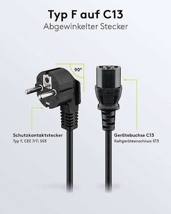 Goobay 59566 Kaltgerätekabel 90° gewinkelt / Schutzkontaktstecker & C13 Buchse / Stromkabel Netzkabel / Schwarz / 1.8m