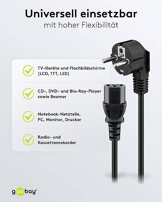 Goobay 59566 Kaltgerätekabel 90° gewinkelt / Schutzkontaktstecker & C13 Buchse / Stromkabel Netzkabel / Schwarz / 1.8m