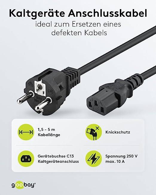 Goobay 59571 Kaltgerätekabel mit C13 Buchse & Schutzkontaktstecker, Universelles Stromkabel, Netzkabel, Schwarz, 1.80 m