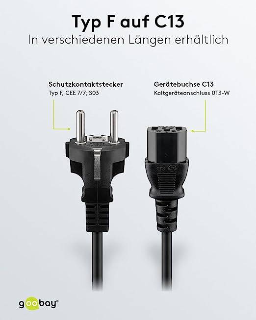 Goobay 59571 Kaltgerätekabel mit C13 Buchse & Schutzkontaktstecker, Universelles Stromkabel, Netzkabel, Schwarz, 1.80 m