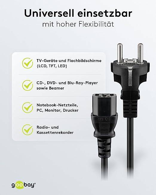 Goobay 59571 Kaltgerätekabel mit C13 Buchse & Schutzkontaktstecker, Universelles Stromkabel, Netzkabel, Schwarz, 1.80 m