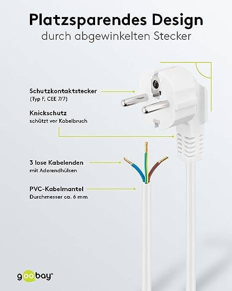 Goobay 93313 Netzkabel mit gewinkeltem 90° Schutzkontaktstecker universelles Stromkabel, offene Kabelenden, Weiß, 5.00 m