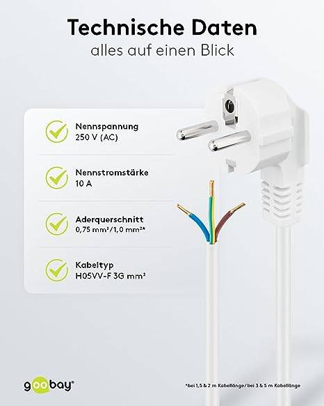 Goobay 93313 Netzkabel mit gewinkeltem 90° Schutzkontaktstecker universelles Stromkabel, offene Kabelenden, Weiß, 5.00 m