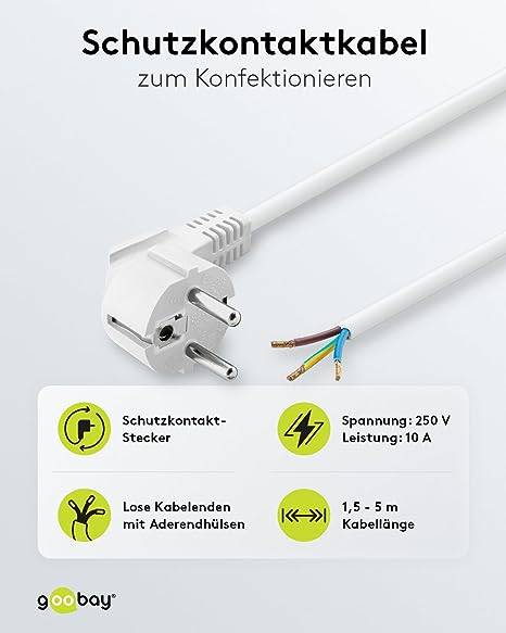Goobay 93311 Netzkabel mit gewinkeltem 90° Schutzkontaktstecker universelles Stromkabel, offene Kabelenden, Weiß, 2.00 m