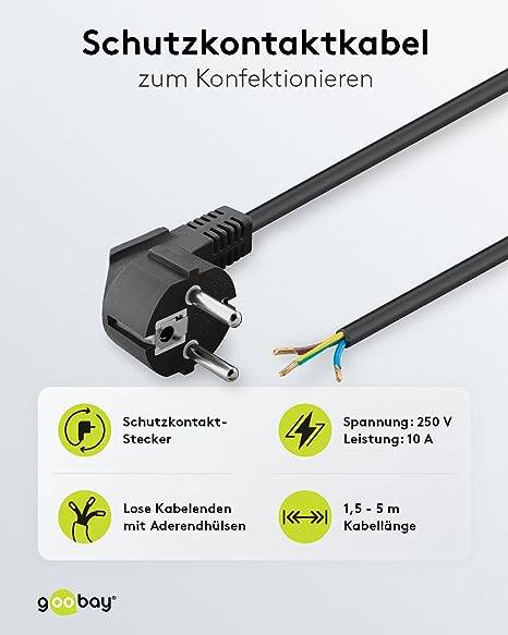 Goobay 50083 Netzkabel mit abgewinkeltem Schutzkontaktstecker universelles Stromkabel, offene Kabelenden Schwarz, 2.00 m