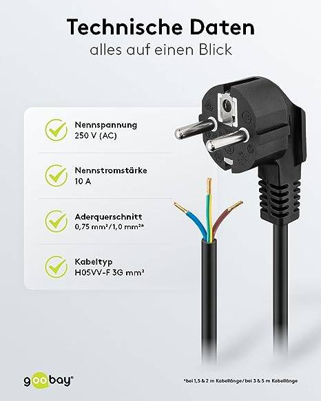 Goobay 50083 Netzkabel mit abgewinkeltem Schutzkontaktstecker universelles Stromkabel, offene Kabelenden Schwarz, 2.00 m