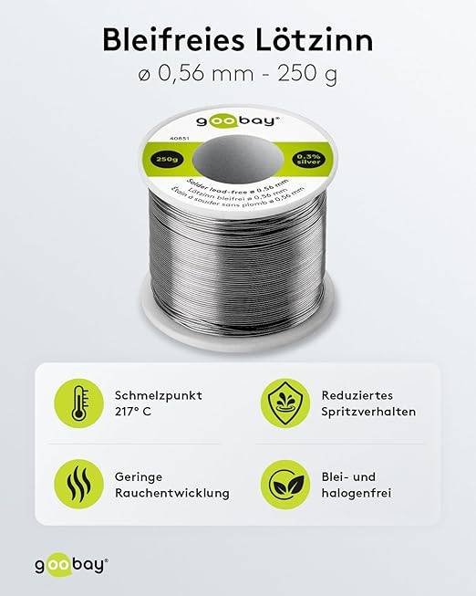 Goobay 40851 Lötzinn bleifrei ø 0,56 mm Lötdraht Flussmittel / 0,3 % Silber / 217 °C Schmelzpunkt bleifreies Löten 250g