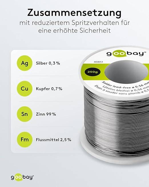 Goobay 40851 Lötzinn bleifrei ø 0,56 mm Lötdraht Flussmittel / 0,3 % Silber / 217 °C Schmelzpunkt bleifreies Löten 250g