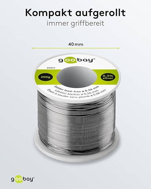 Goobay 40851 Lötzinn bleifrei ø 0,56 mm Lötdraht Flussmittel / 0,3 % Silber / 217 °C Schmelzpunkt bleifreies Löten 250g