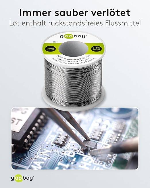 Goobay 40851 Lötzinn bleifrei ø 0,56 mm Lötdraht Flussmittel / 0,3 % Silber / 217 °C Schmelzpunkt bleifreies Löten 250g