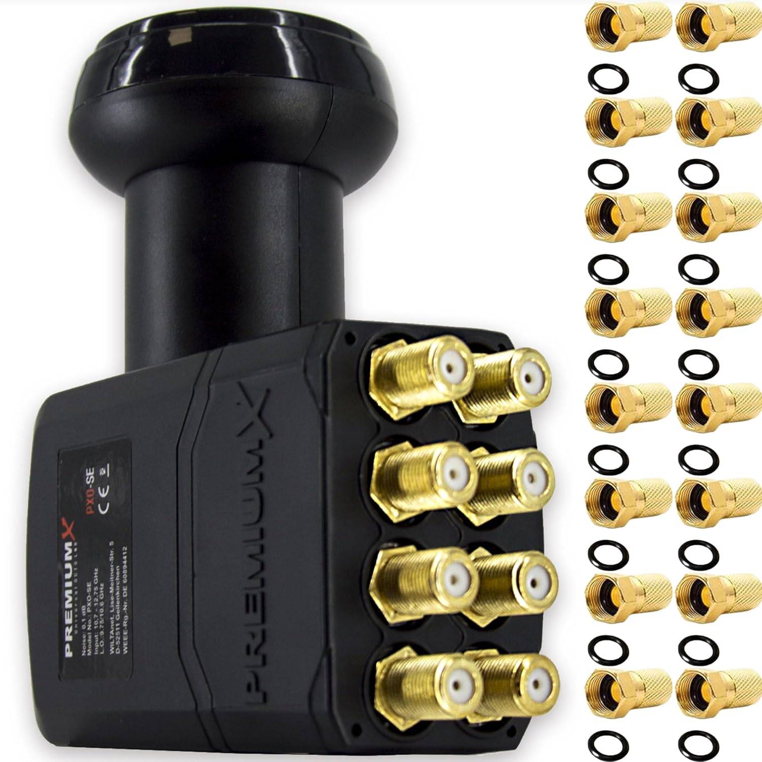 PremiumX Octo LNB Direktanschluss 8 Teilnehmer Receiver Satellit TV HD 4K inkl. 16x F-Stecker vergoldetmit Dichtring