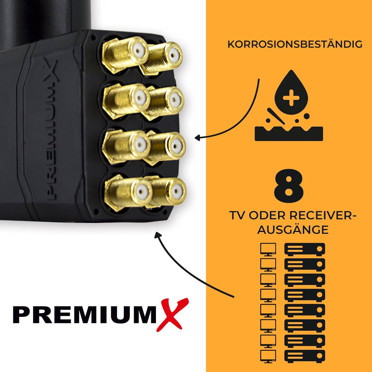PremiumX Octo LNB Direktanschluss 8 Teilnehmer Receiver Satellit TV HD 4K inkl. 16x F-Stecker vergoldetmit Dichtring