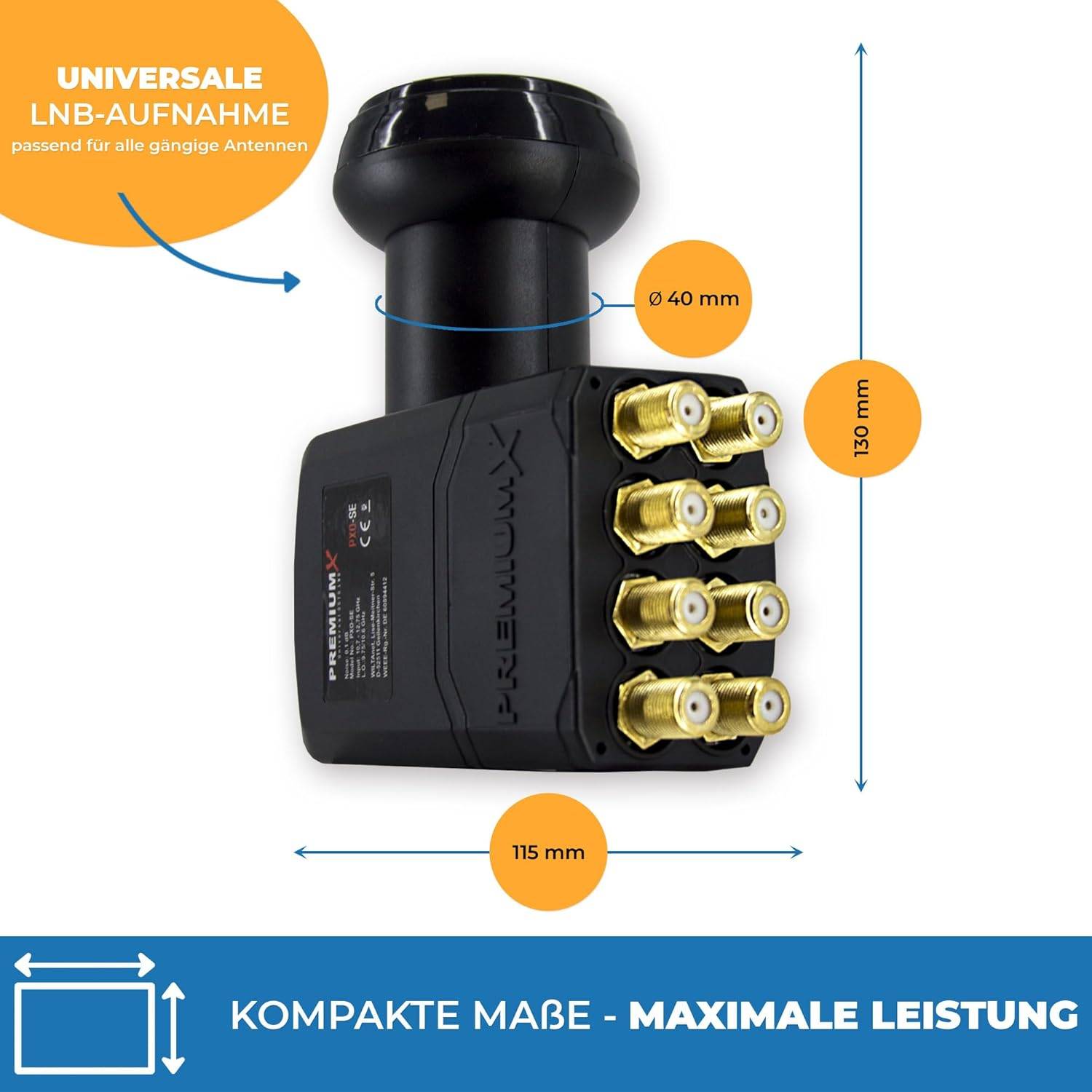 PremiumX Octo LNB Direktanschluss 8 Teilnehmer Receiver Satellit TV HD 4K inkl. 16x F-Stecker vergoldetmit Dichtring