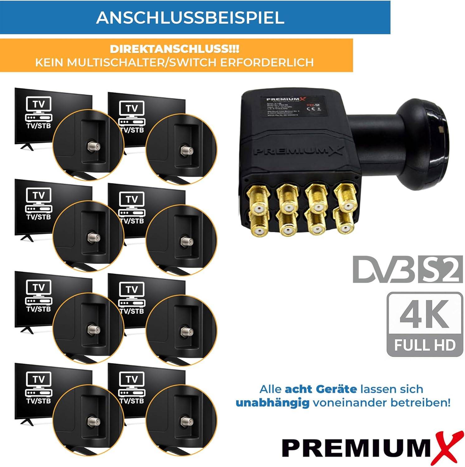 PremiumX Octo LNB Direktanschluss 8 Teilnehmer Receiver Satellit TV HD 4K inkl. 16x F-Stecker vergoldetmit Dichtring