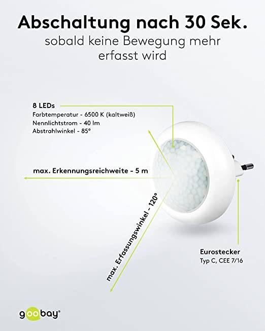 Goobay 96501 LED Nachtlicht mit Bewegungsmelder für Steckdose kaltweiß 120° PIR Sensor Steckdosenlicht Bewegungslicht