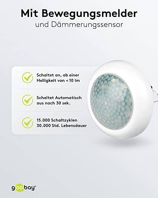 Goobay 96501 LED Nachtlicht mit Bewegungsmelder für Steckdose kaltweiß 120° PIR Sensor Steckdosenlicht Bewegungslicht