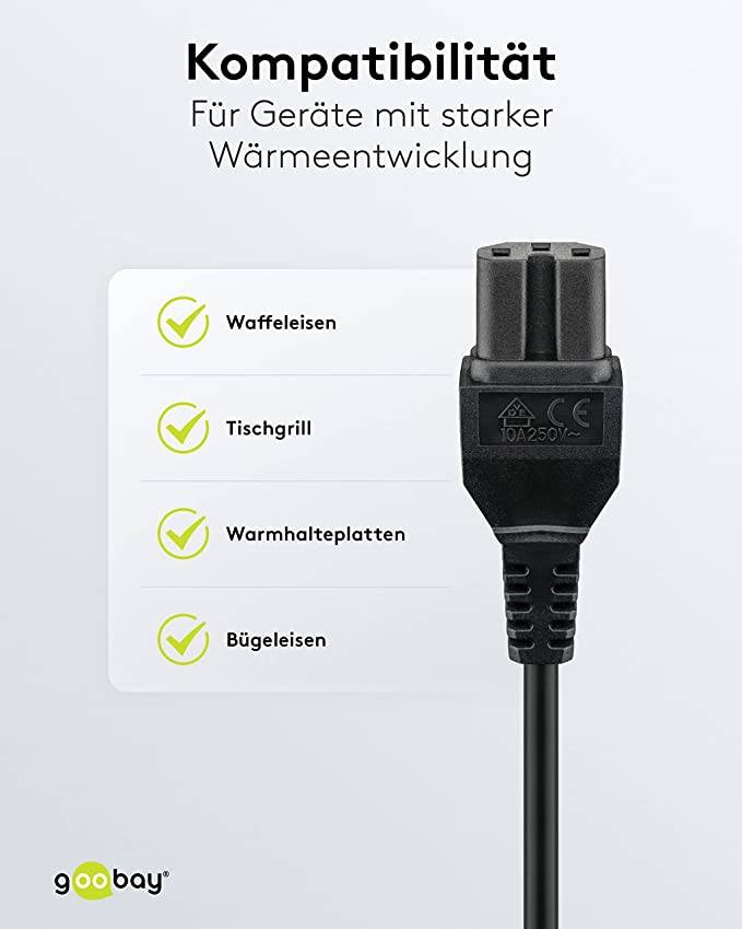 Goobay 93277 Warmgerätekabel mit C15 Buchse & Schutzkontaktstecker, Universelles Stromkabel, Netzkabel, Schwarz, 2.00 m