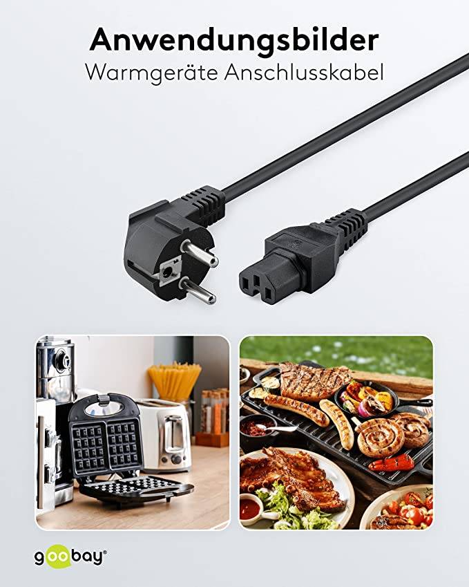 Goobay 93277 Warmgerätekabel mit C15 Buchse & Schutzkontaktstecker, Universelles Stromkabel, Netzkabel, Schwarz, 2.00 m