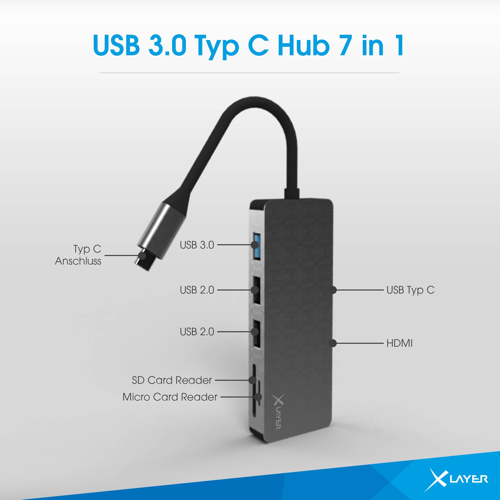 Xlayer USB 3.0 Typ C Hub 7 in 1 Grau