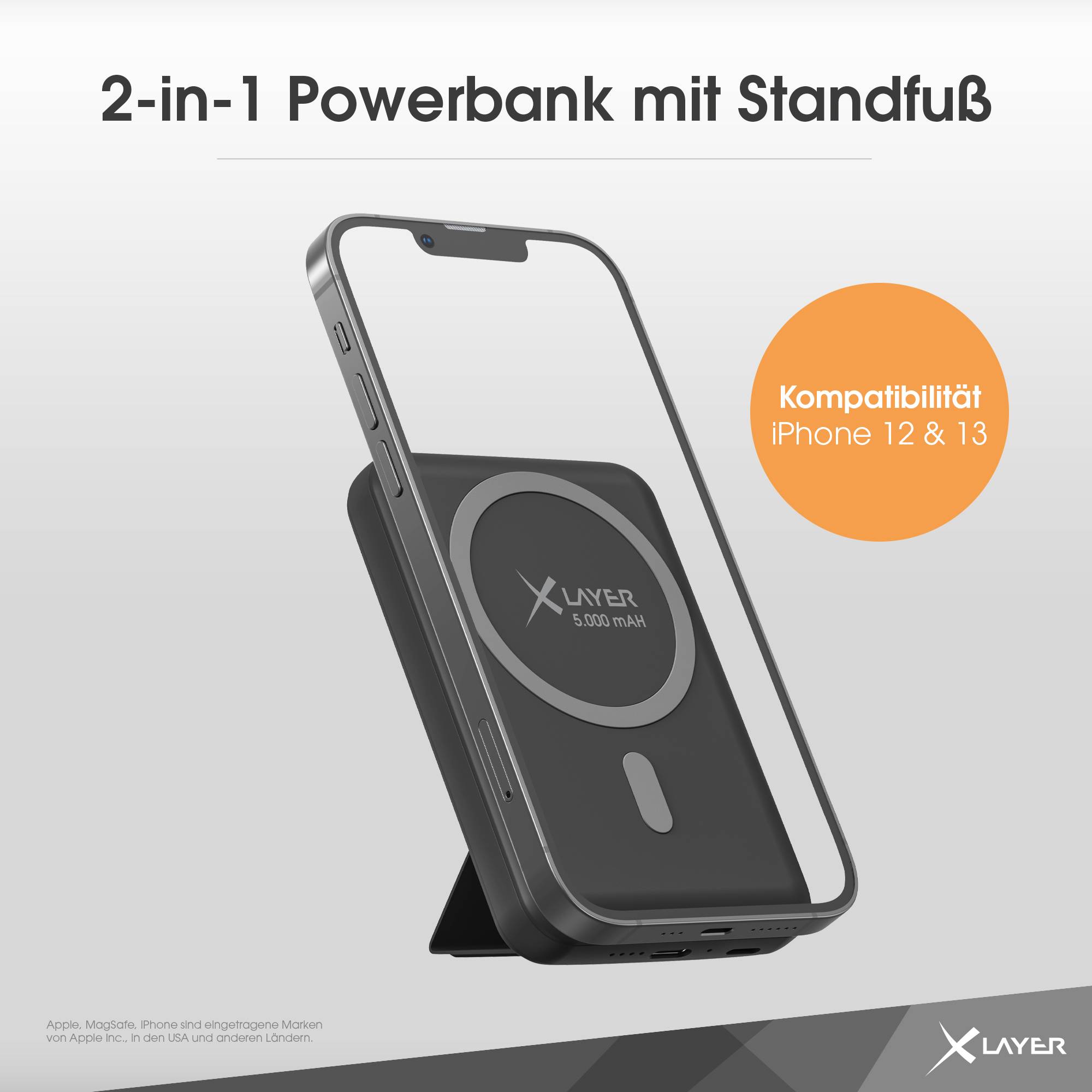 XLayer MagFix Pro 2-in-1 Powerbank mit Standfuß 5.000 mAh Schwarz