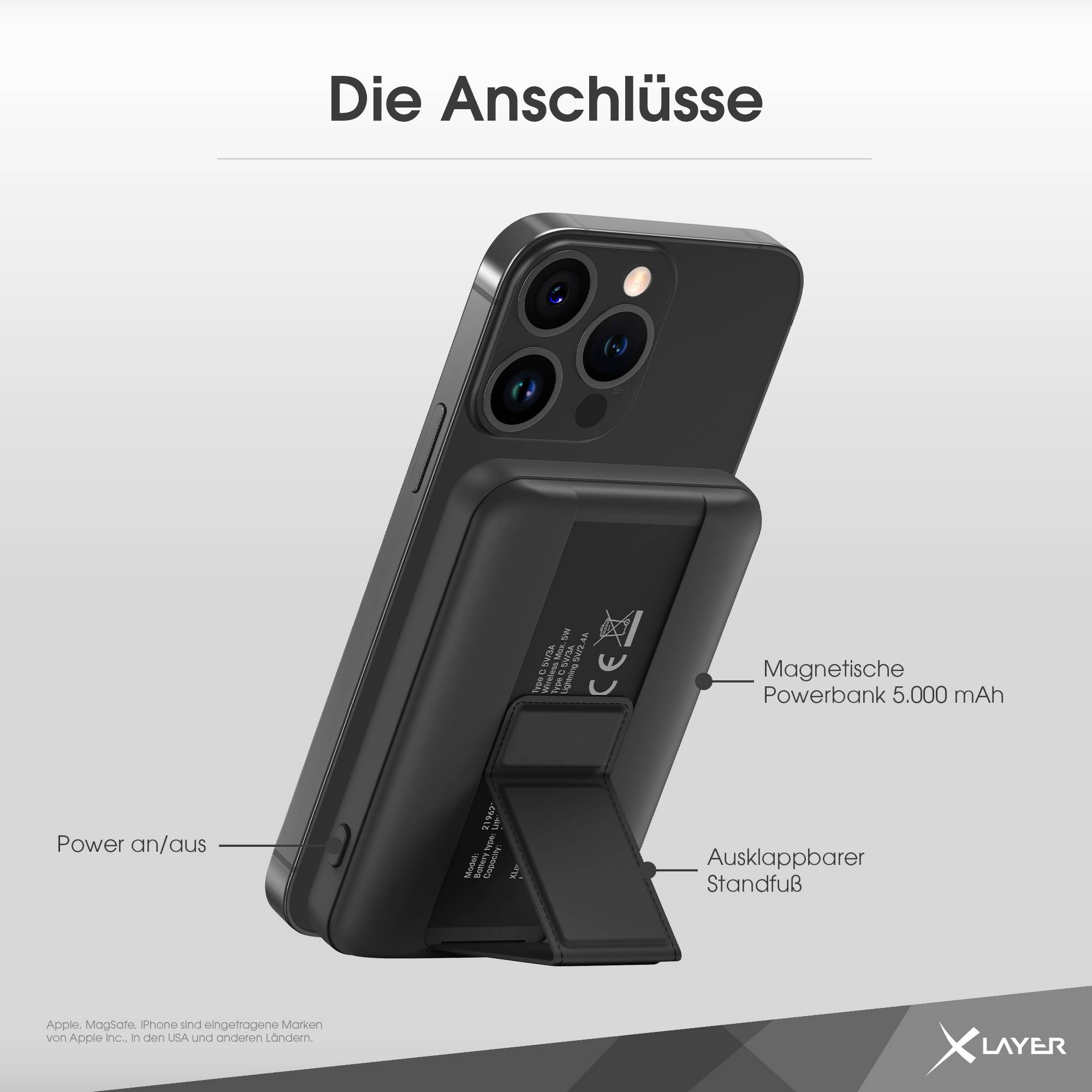 XLayer MagFix Pro 2-in-1 Powerbank mit Standfuß 5.000 mAh Schwarz