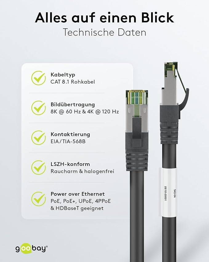Goobay 66724 RJ45 Patchkabel mit CAT 8.1 S/FTP Rohkabel 8K Gaming OFC-Leiter 2.000 MHz Netzwerkkabel LAN Schwarz 5.00 m