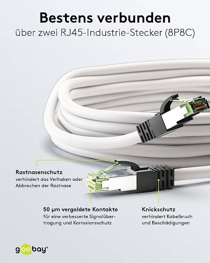Goobay 55126 CAT 8.1 Patchkabel RJ45 Stecker für 8K Gaming OFC-Leiter 2.000 MHz Netzwerkkabel S/FTP LAN, Weiß, 3.00 m
