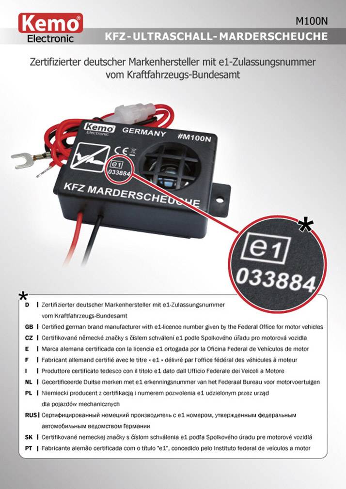 KFZ-Ultraschall-Marderscheuche von Kemo Electronic, Modell M100N. Zertifiziert vom Kraftfahrt-Bundesamt mit e1-Nummer 033884.
