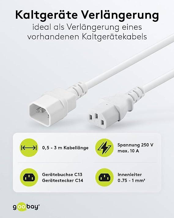 Goobay 97585 Kaltgerätekabel Verlängerung mit C14 Stecker & C13 Buchse Universelles Stromkabel Netzkabel, Weiß, 3.00 m