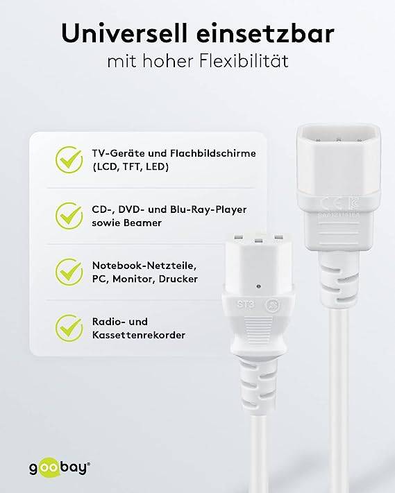 Goobay 97585 Kaltgerätekabel Verlängerung mit C14 Stecker & C13 Buchse Universelles Stromkabel Netzkabel, Weiß, 3.00 m
