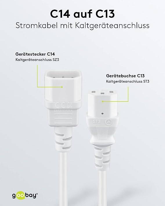 Goobay 97581 Kaltgerätekabel Verlängerung mit C14 Stecker & C13 Buchse Universelles Stromkabel Netzkabel, Weiß, 0.50 m