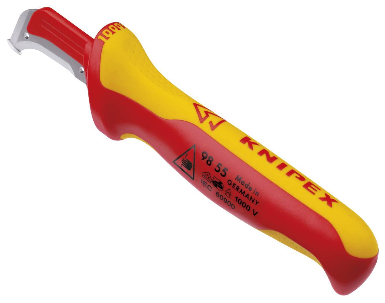 KNIPEX 98 55 SB Abmantelungsmesser mit Gleitschuh isolierender Mehrkomponenten-Griff, VDE-geprüft 180 mm (SB-Karte/Blister)