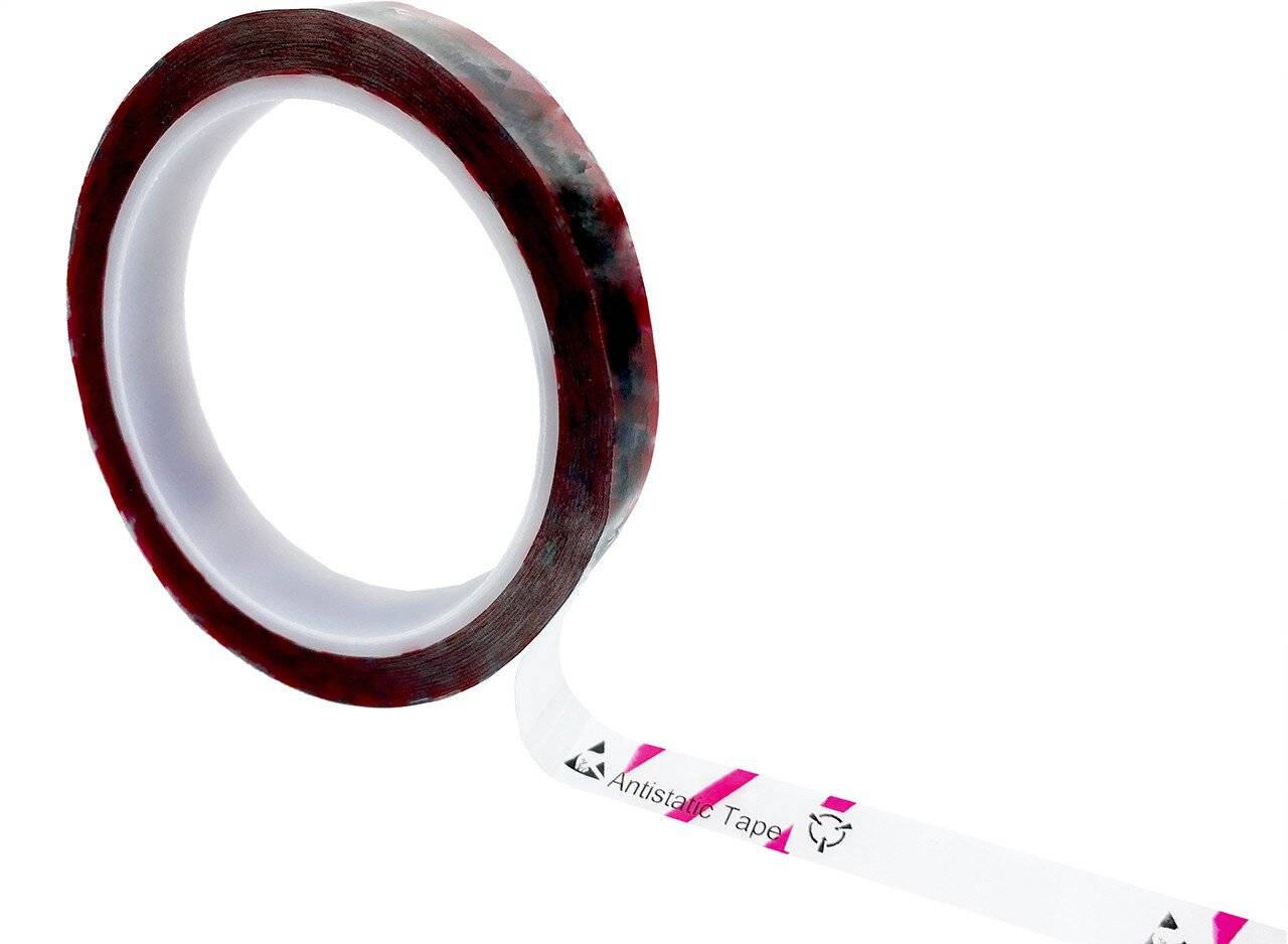 ESD-Klebeband mit ESD-Warnsymbol, transparent/rot, 12mm, 36m