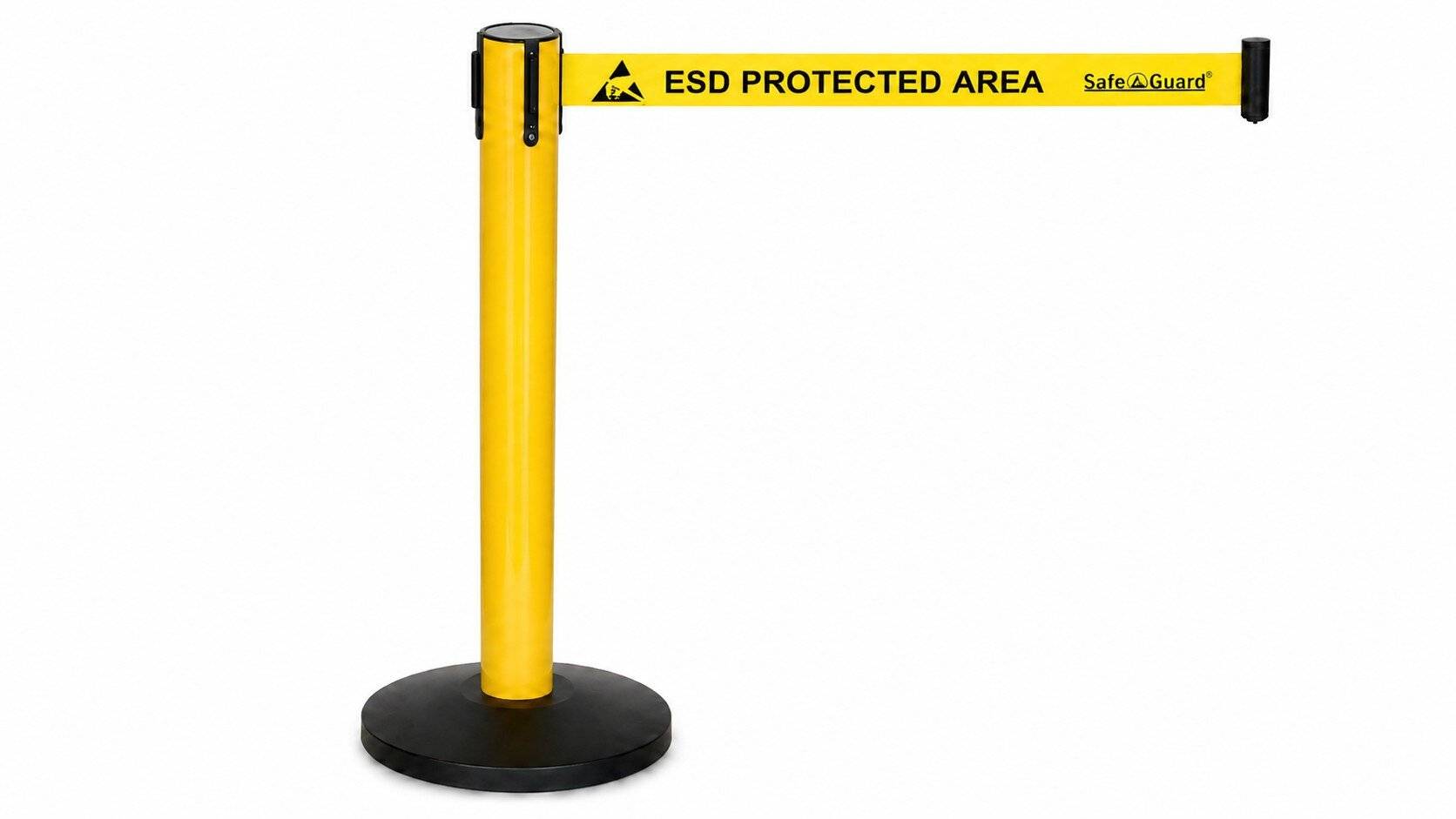 Gurtabsperrpfosten mit 5m Gurtband "ESD PROTECTED AREA", gelb, 96 cm