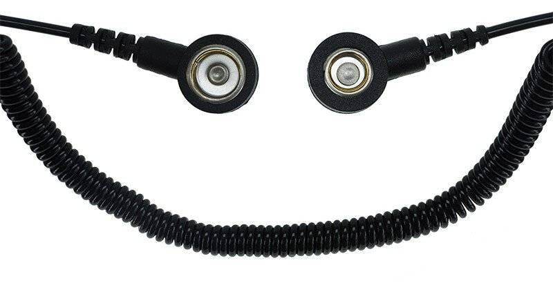 ESD-Spiralkabel, 1 MOhm, schwarz, 2,4 m, 7/10 mm Druckknopf