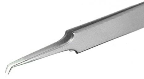 Pinzette, mit sehr feinen und scharfen Spitzen, gebogen 40°, 110 mm