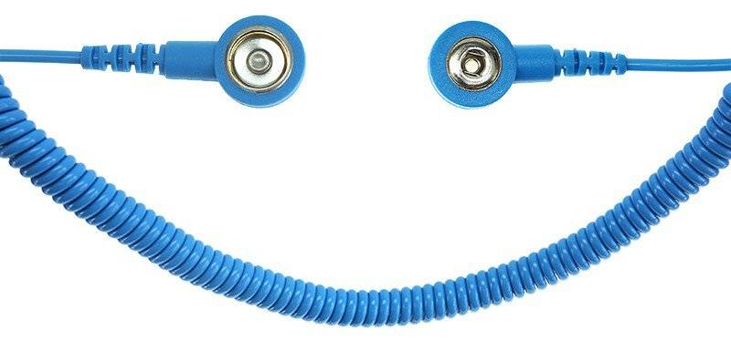 ESD-Spiralkabel, 1 MOhm, hellblau, 3,6 m, 3/10 mm Druckknopf