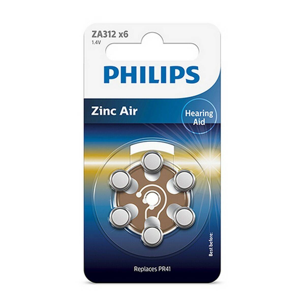 1x6 Philips Zinc-Air PR41 / 312 Hörgeräte Batterie (Phil-ZA312B6A/00)