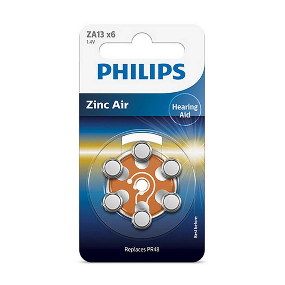 1x6 Philips Zinc-Air PR48 / 13 Hörgeräte Batterie (Phil-ZA13B6A/00)