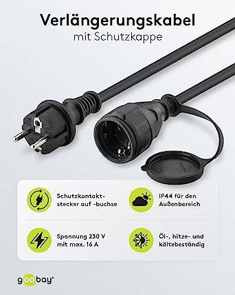 Goobay 71472 Outdoor Verlängerungskabel Schutzkontakt Stecker Außen IP44 5 Meter Stromkabel Verlängerung Schwarz 5m